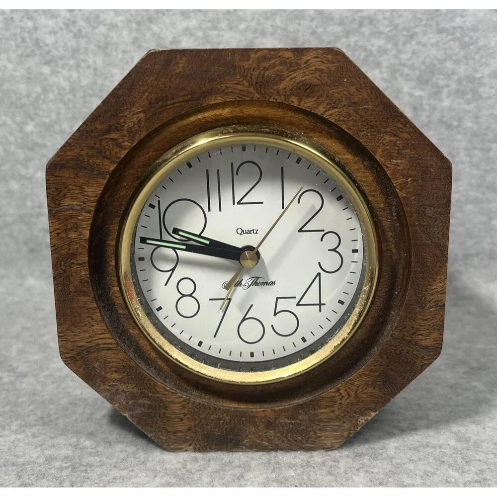 Vintage Seth Thomas Desk Clock Quartz Octagon Wood‎ Brass Trim Tabletop Battery